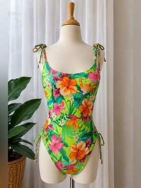 Banana Moon Tropical Floral One Piece Swimsuit Women’s Small Ruched Tie Sides